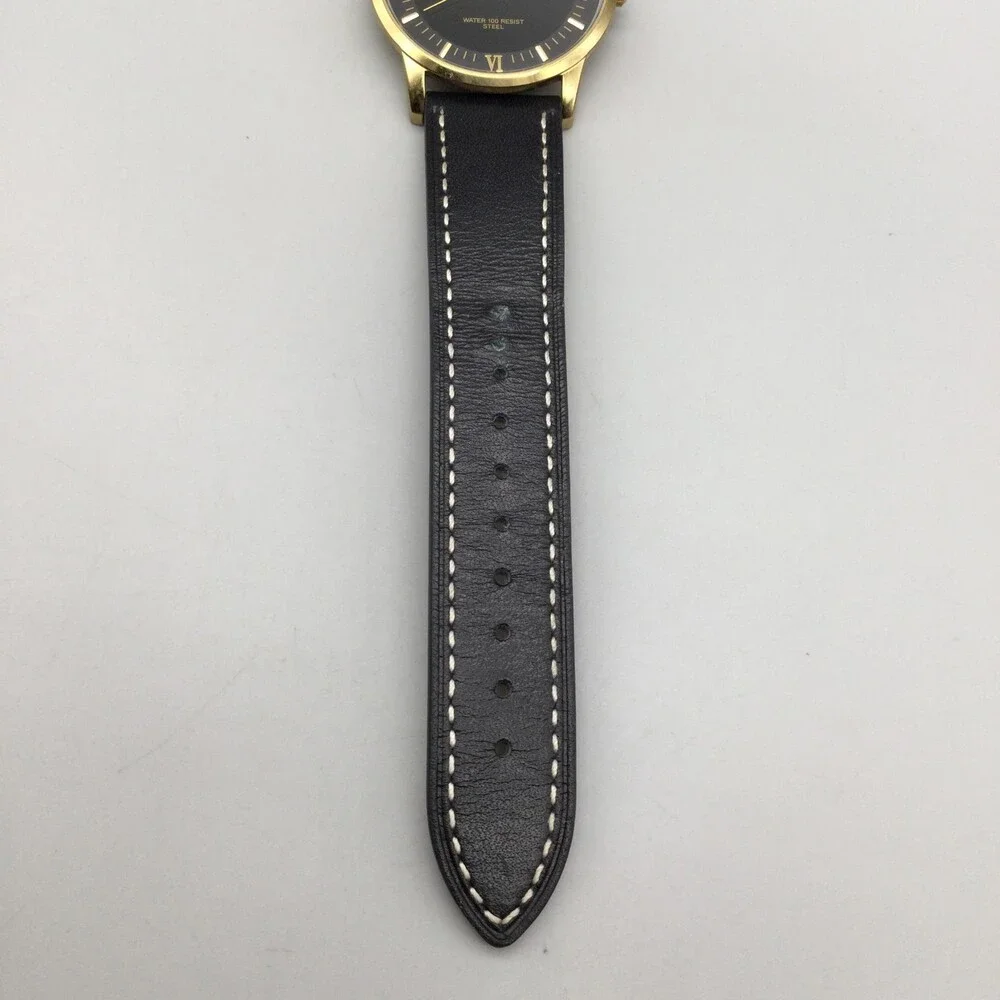 Armitron Mens Watch 37mm Black Dial Gold Tone Black Leather Band New Battery